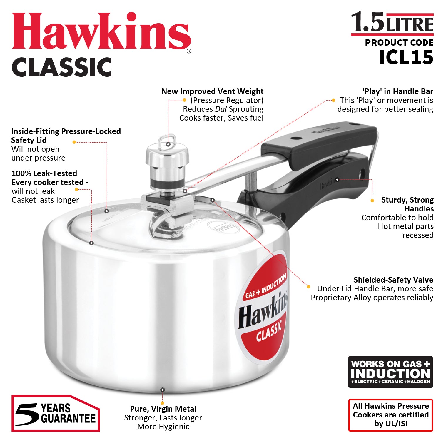 Hawkins Induction Compatible Classic Pressure Cooker